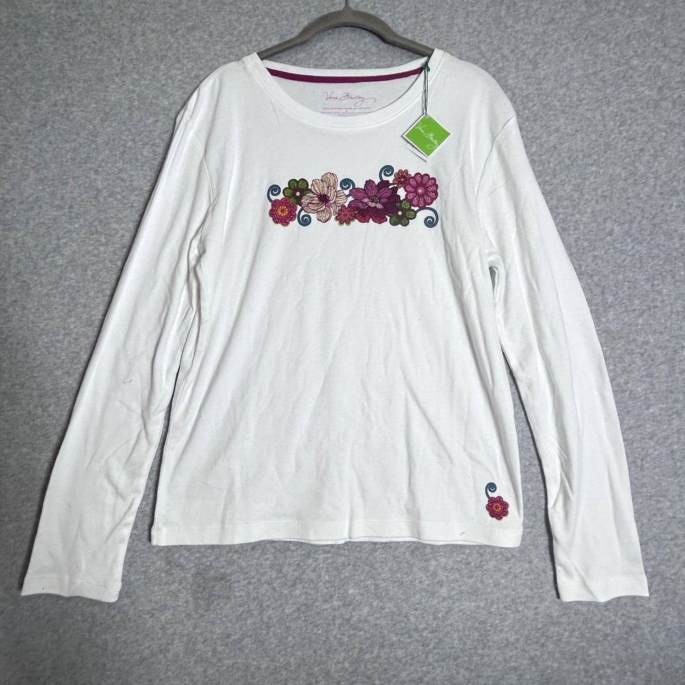 Vera Bradley Floral Graphic Tee Women Large White Long Sleeve Cotton Cottagecore